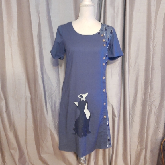 Joe Browns Cat print short sleeve blue shift dress UK 8 viscose/ linen blend - Picture 2 of 10